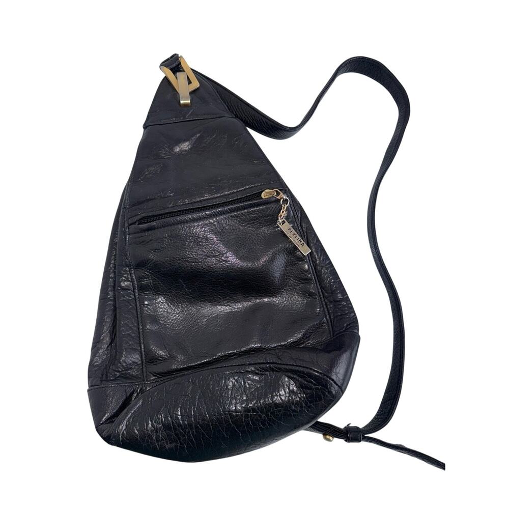 VINTAGE PERLINA black leather triangular sling mini backpack w gold haedwear